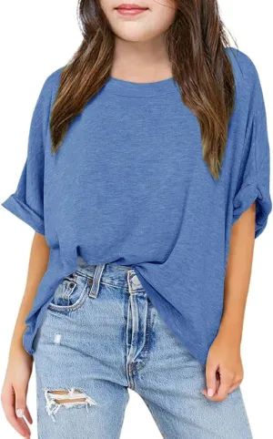 Girls Short Sleeve T Shirts Kids Fashion Oversized Drop Shoulder Tops Tshirts Casual Basic Tee