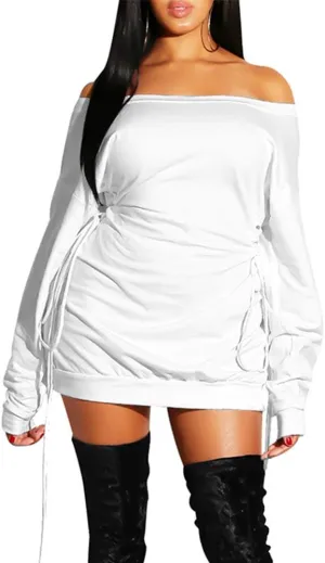 GOKATOSAU Women's Sexy Casual Off Shoulder Long Sleeve Lace Up Loose Club Mini Dress