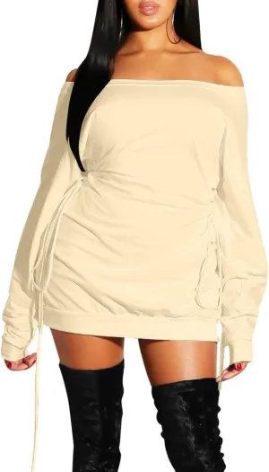 GOKATOSAU Women's Sexy Casual Off Shoulder Long Sleeve Lace Up Loose Club Mini Dress