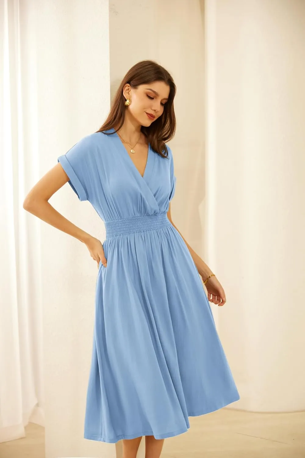 GRACE KARIN Casual Dresses for Women 2025 Summer Smocked High Waist Flowy Dress with Pockets