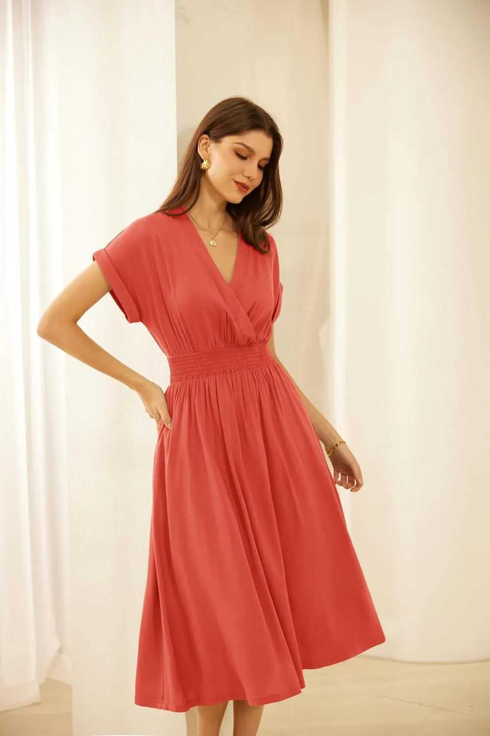 GRACE KARIN Casual Dresses for Women 2025 Summer Smocked High Waist Flowy Dress with Pockets