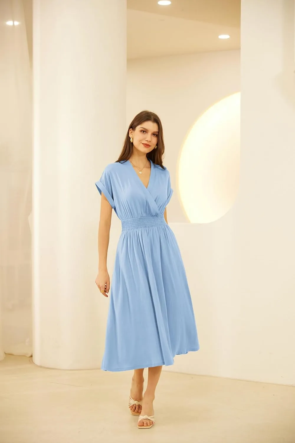 GRACE KARIN Casual Dresses for Women 2025 Summer Smocked High Waist Flowy Dress with Pockets