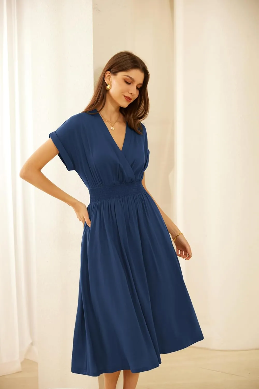 GRACE KARIN Casual Dresses for Women 2025 Summer Smocked High Waist Flowy Dress with Pockets