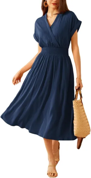 GRACE KARIN Casual Dresses for Women 2025 Summer Smocked High Waist Flowy Dress with Pockets