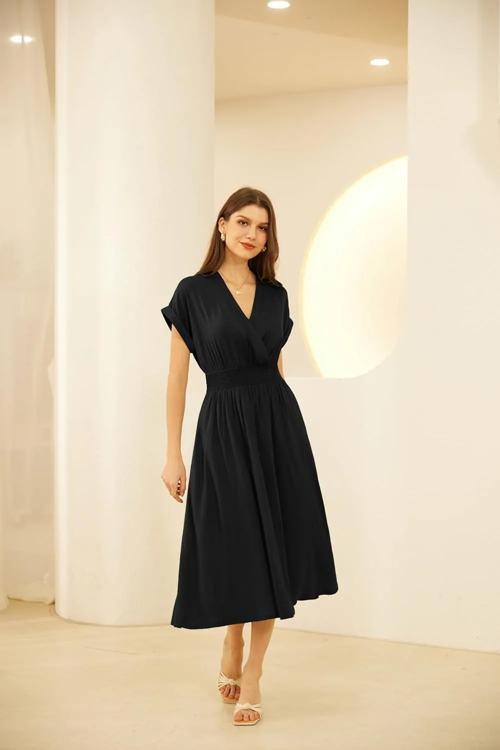 GRACE KARIN Casual Dresses for Women 2025 Summer Smocked High Waist Flowy Dress with Pockets