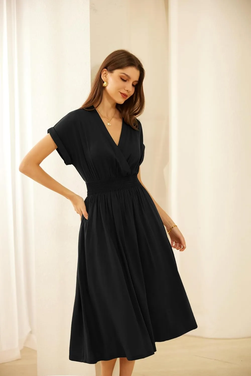 GRACE KARIN Casual Dresses for Women 2025 Summer Smocked High Waist Flowy Dress with Pockets