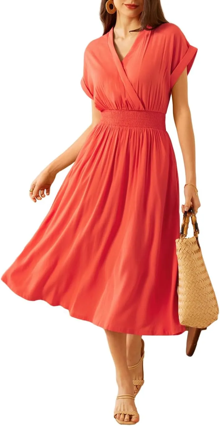 GRACE KARIN Casual Dresses for Women 2025 Summer Smocked High Waist Flowy Dress with Pockets