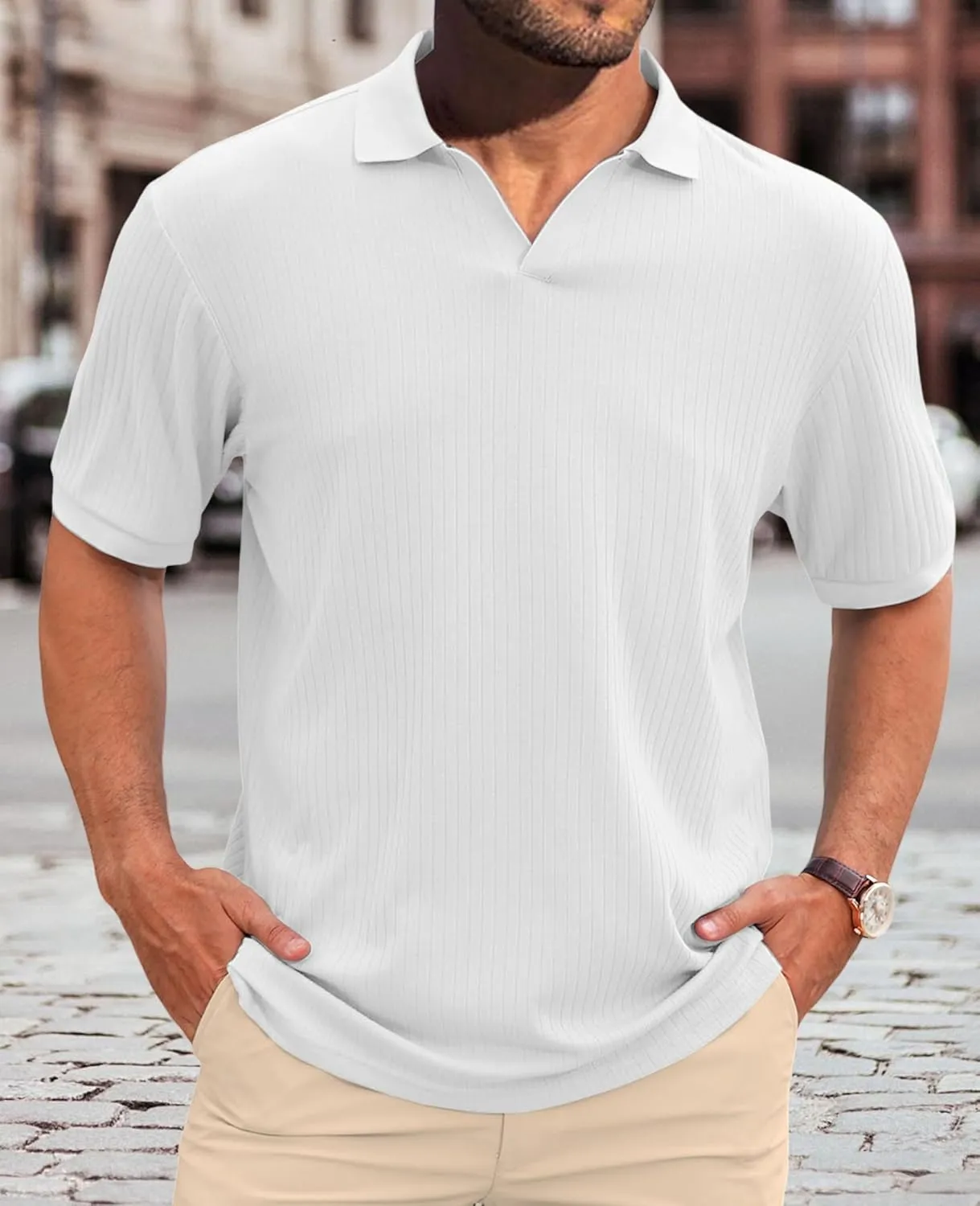 Hodaweislop Men's Knit Polo Shirts Short Sleeve V Neck Golf Shirt Casual Textured Summer Shirts