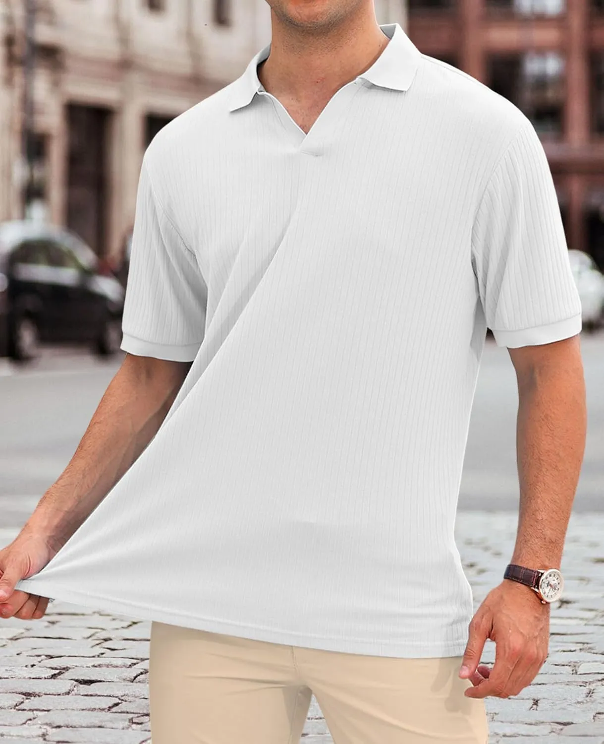 Hodaweislop Men's Knit Polo Shirts Short Sleeve V Neck Golf Shirt Casual Textured Summer Shirts