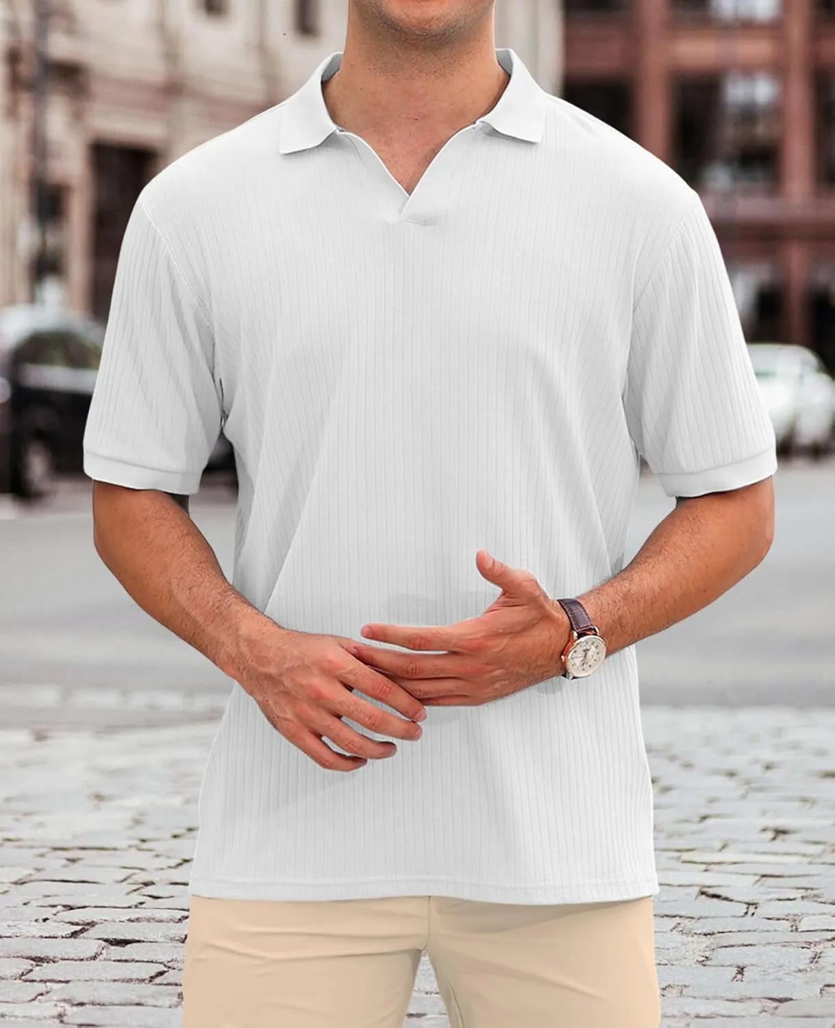 Hodaweislop Men's Knit Polo Shirts Short Sleeve V Neck Golf Shirt Casual Textured Summer Shirts