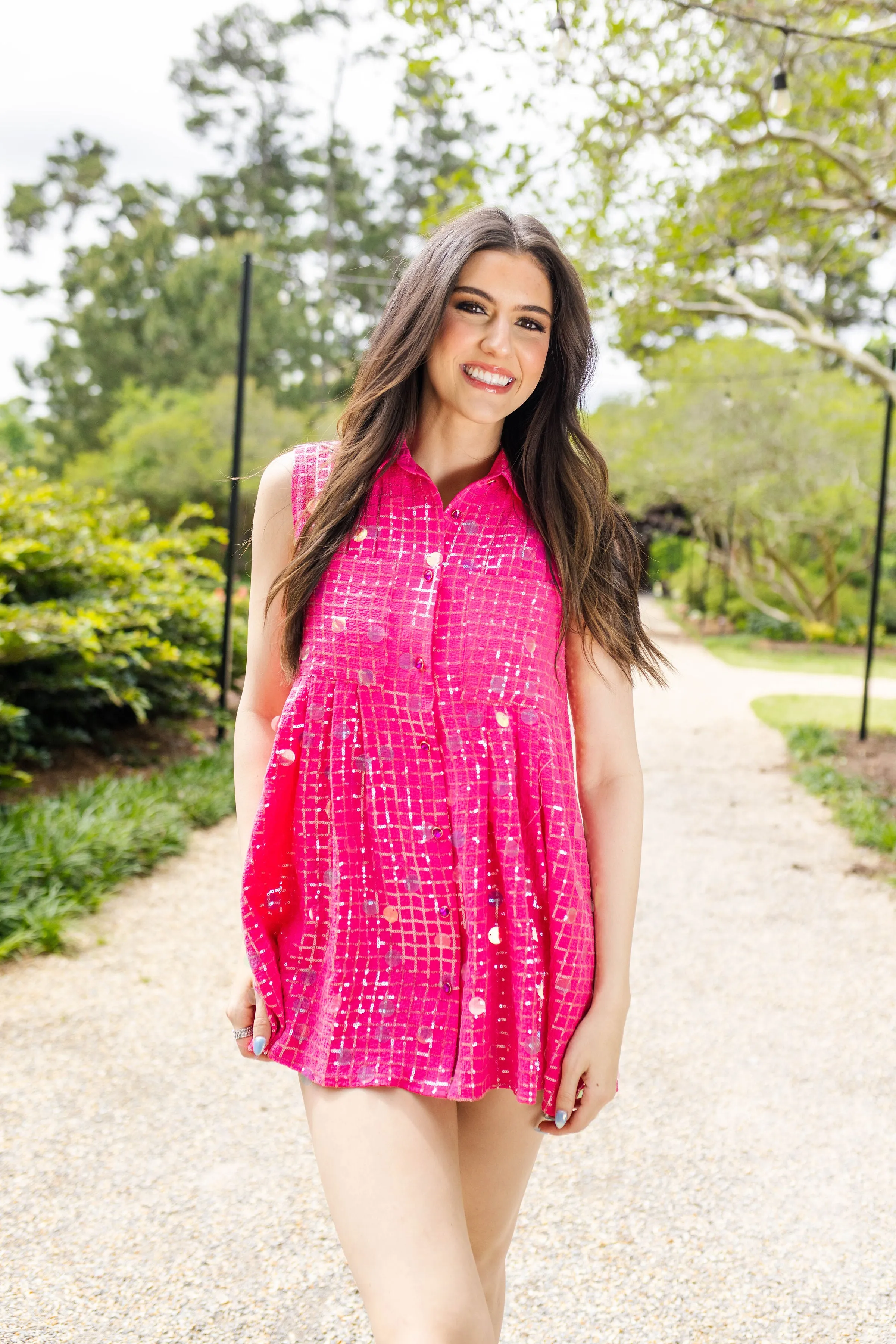 Hot Pink Checker Pailette Collar Dress