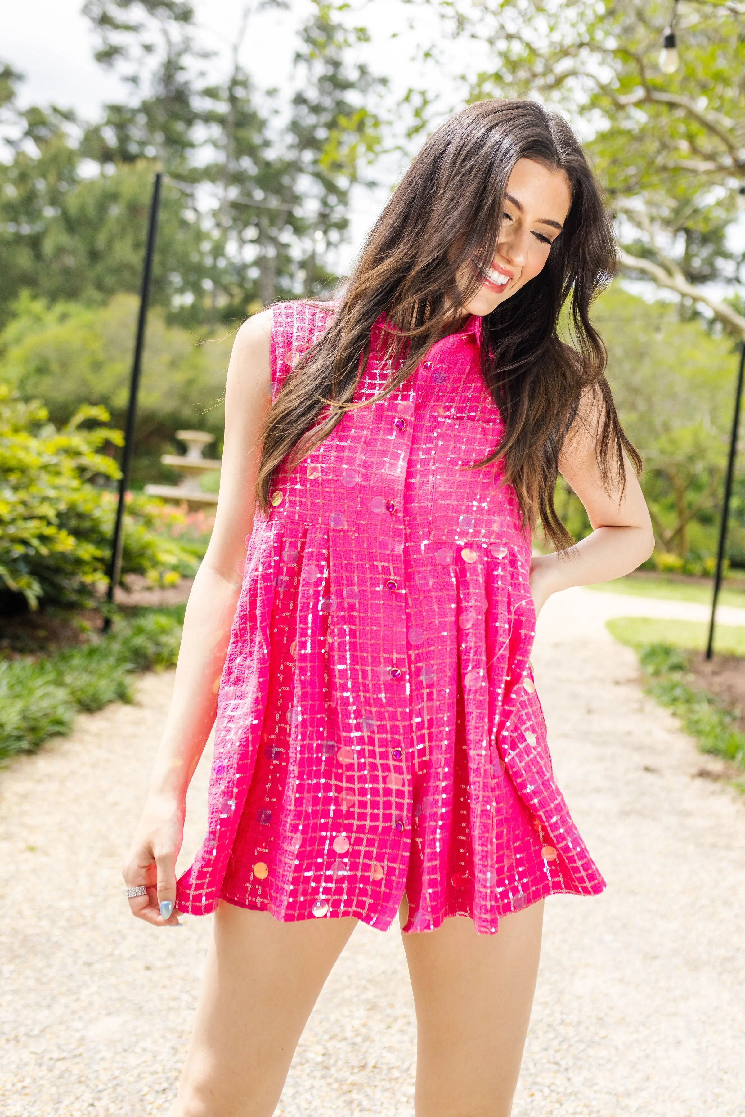 Hot Pink Checker Pailette Collar Dress