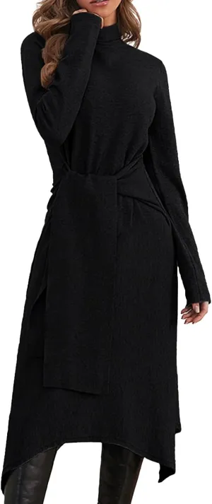 Jayscreate Women's Fall Sweater Dress 2023 Long Sleeve Midi Tie Front A-Line High Waist Winter Business Casual Dress