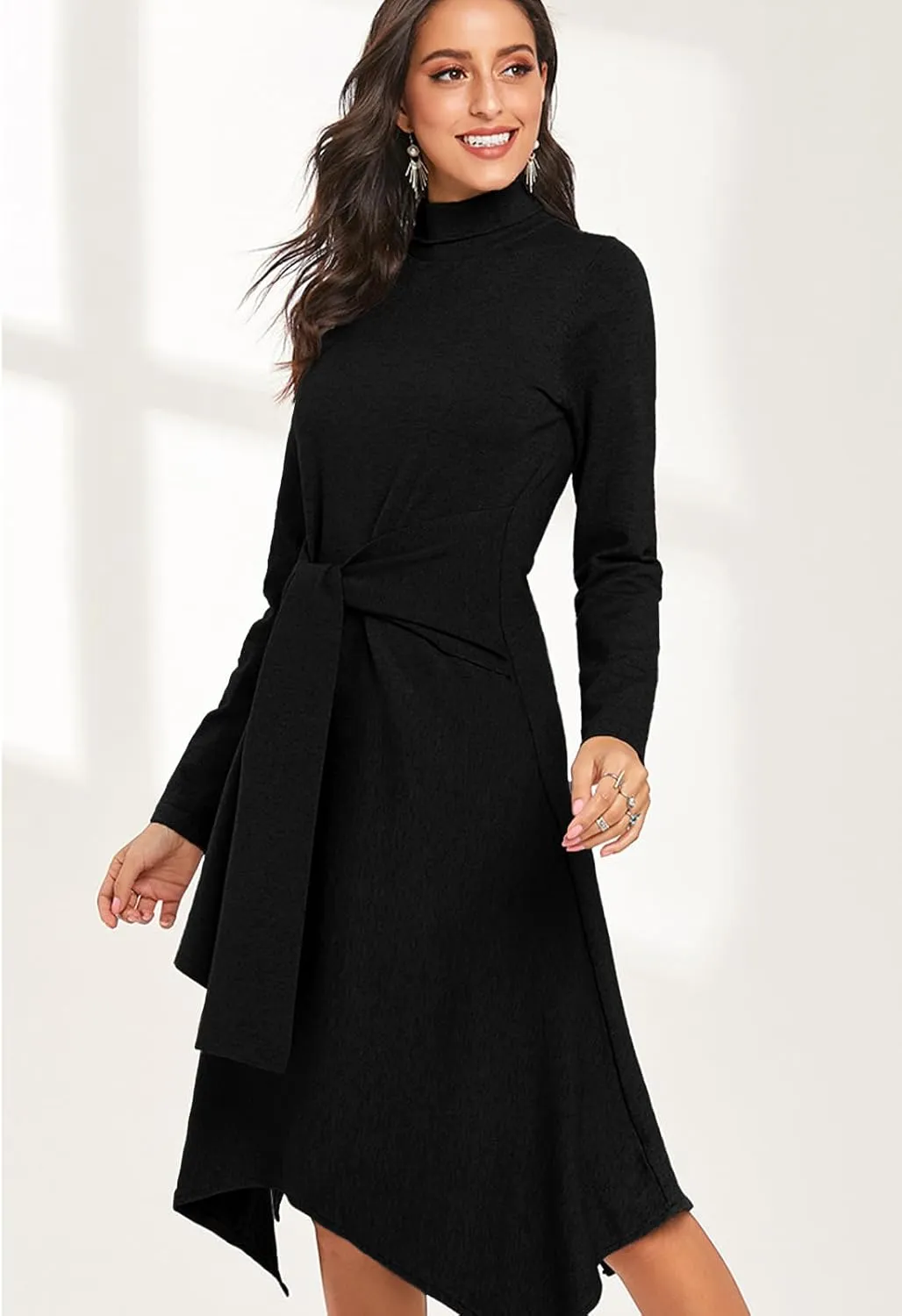 Jayscreate Women's Fall Sweater Dress 2023 Long Sleeve Midi Tie Front A-Line High Waist Winter Business Casual Dress