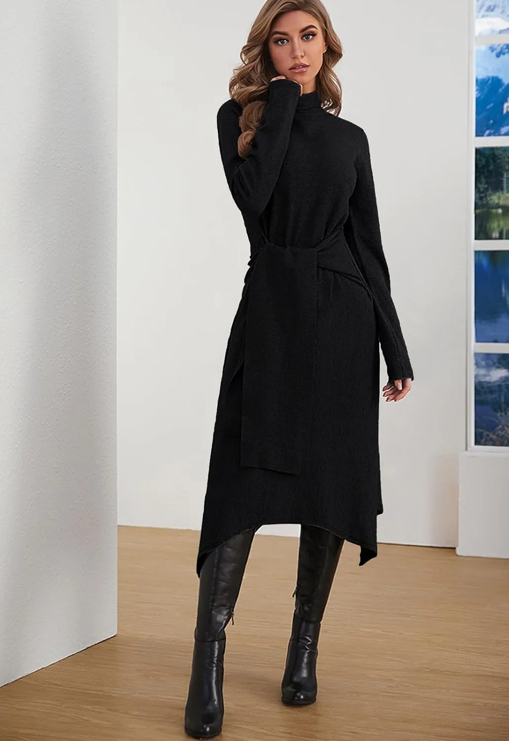 Jayscreate Women's Fall Sweater Dress 2023 Long Sleeve Midi Tie Front A-Line High Waist Winter Business Casual Dress