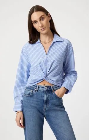KNOT FRONT LONG SLEEVE SHIRT IN BLUE STRIPED