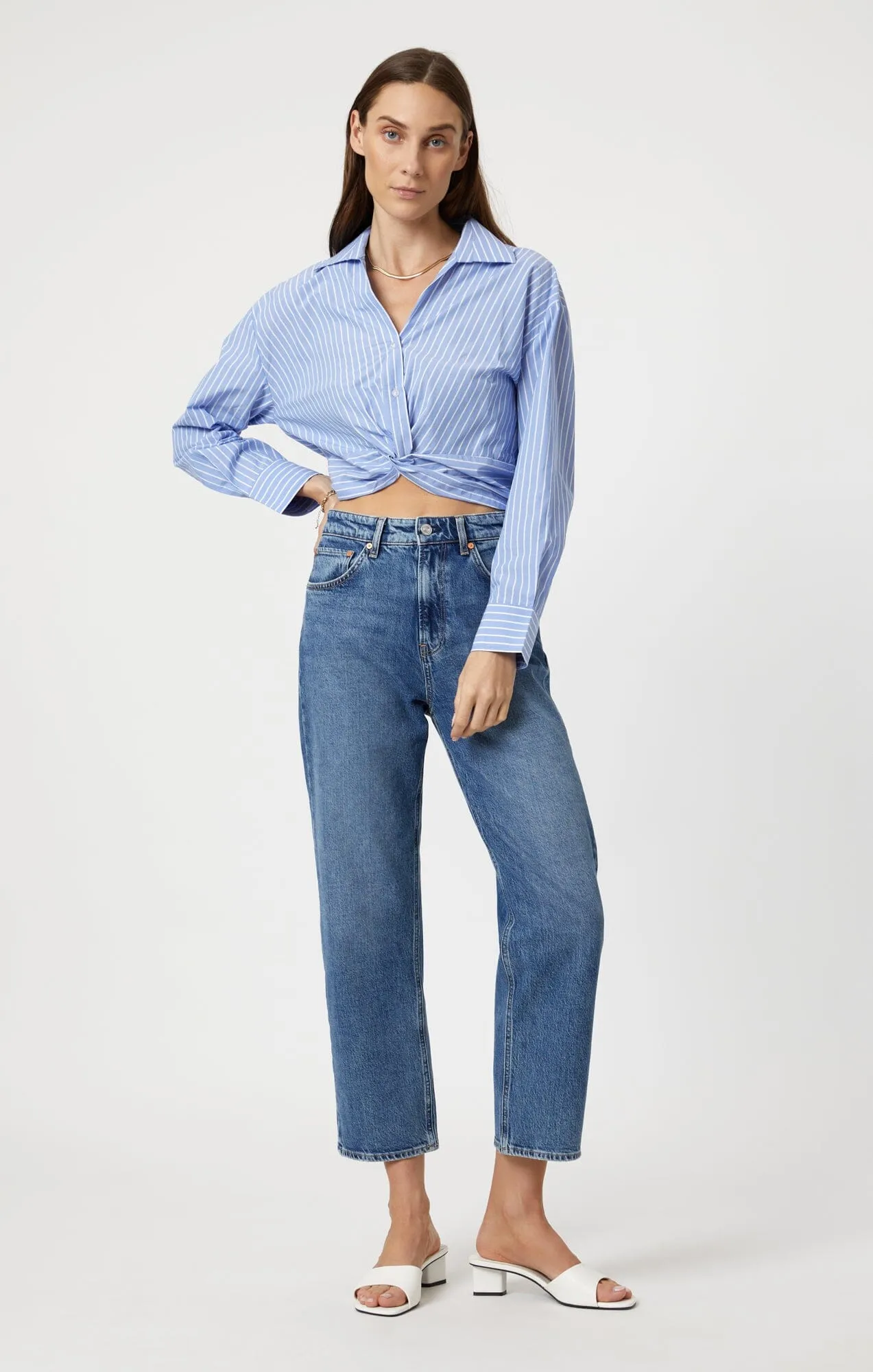 KNOT FRONT LONG SLEEVE SHIRT IN BLUE STRIPED