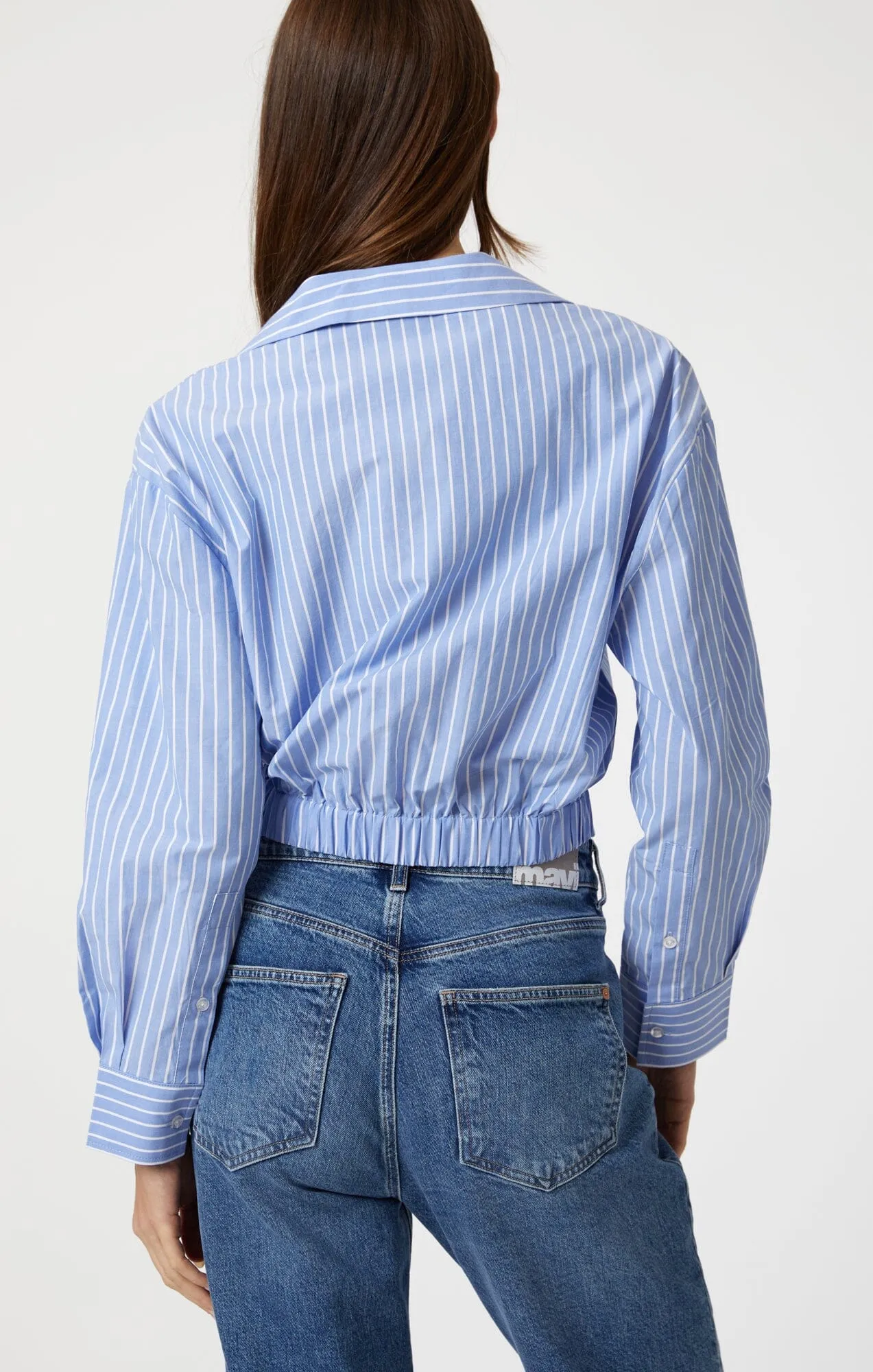 KNOT FRONT LONG SLEEVE SHIRT IN BLUE STRIPED