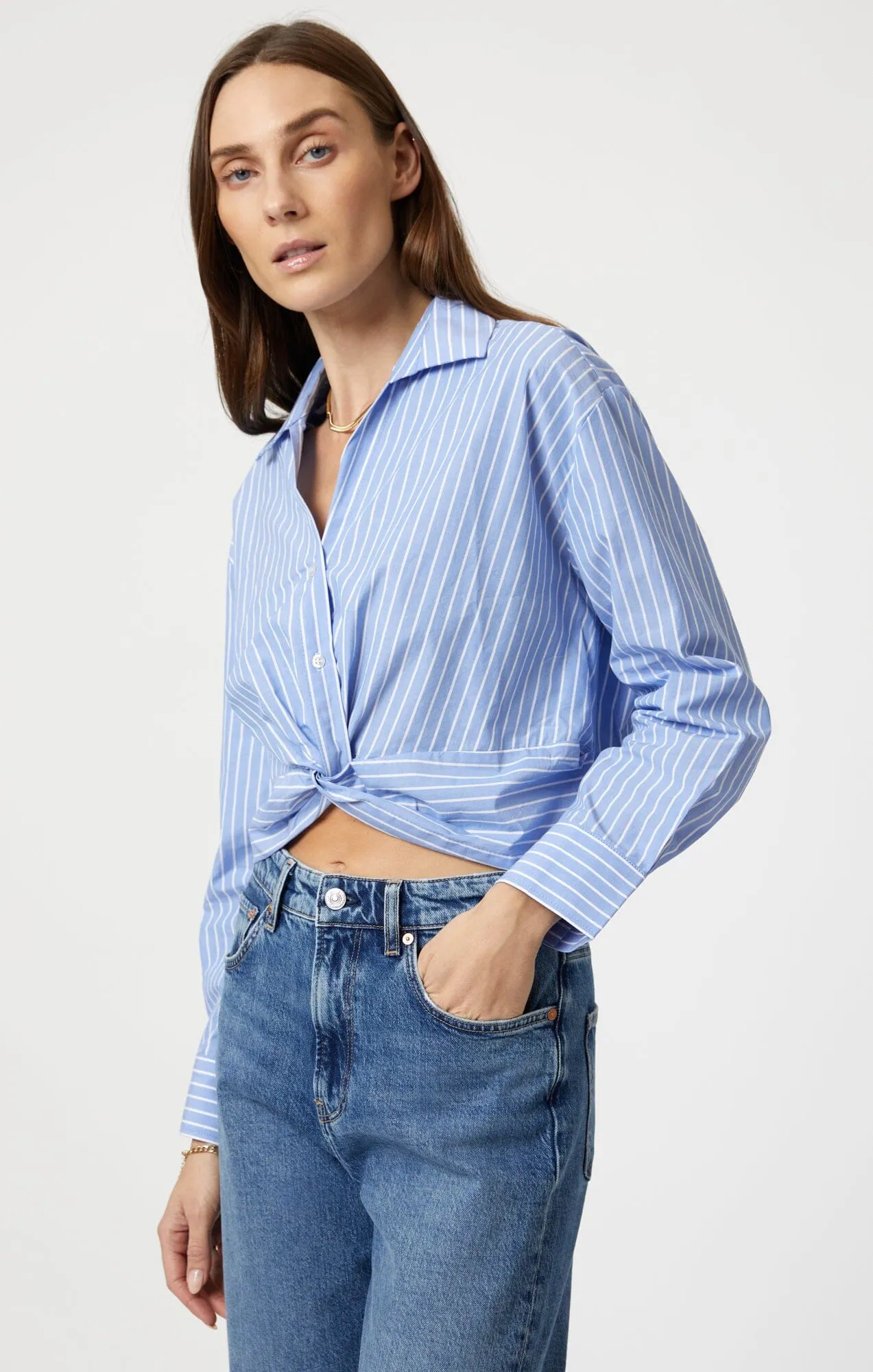KNOT FRONT LONG SLEEVE SHIRT IN BLUE STRIPED