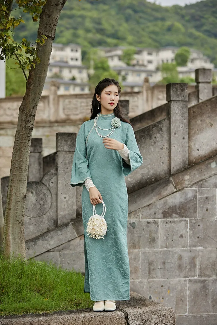 Lan Cao 兰草 Orchid Flowers 1930s Cotton Jacquard Bottleneck Qipao