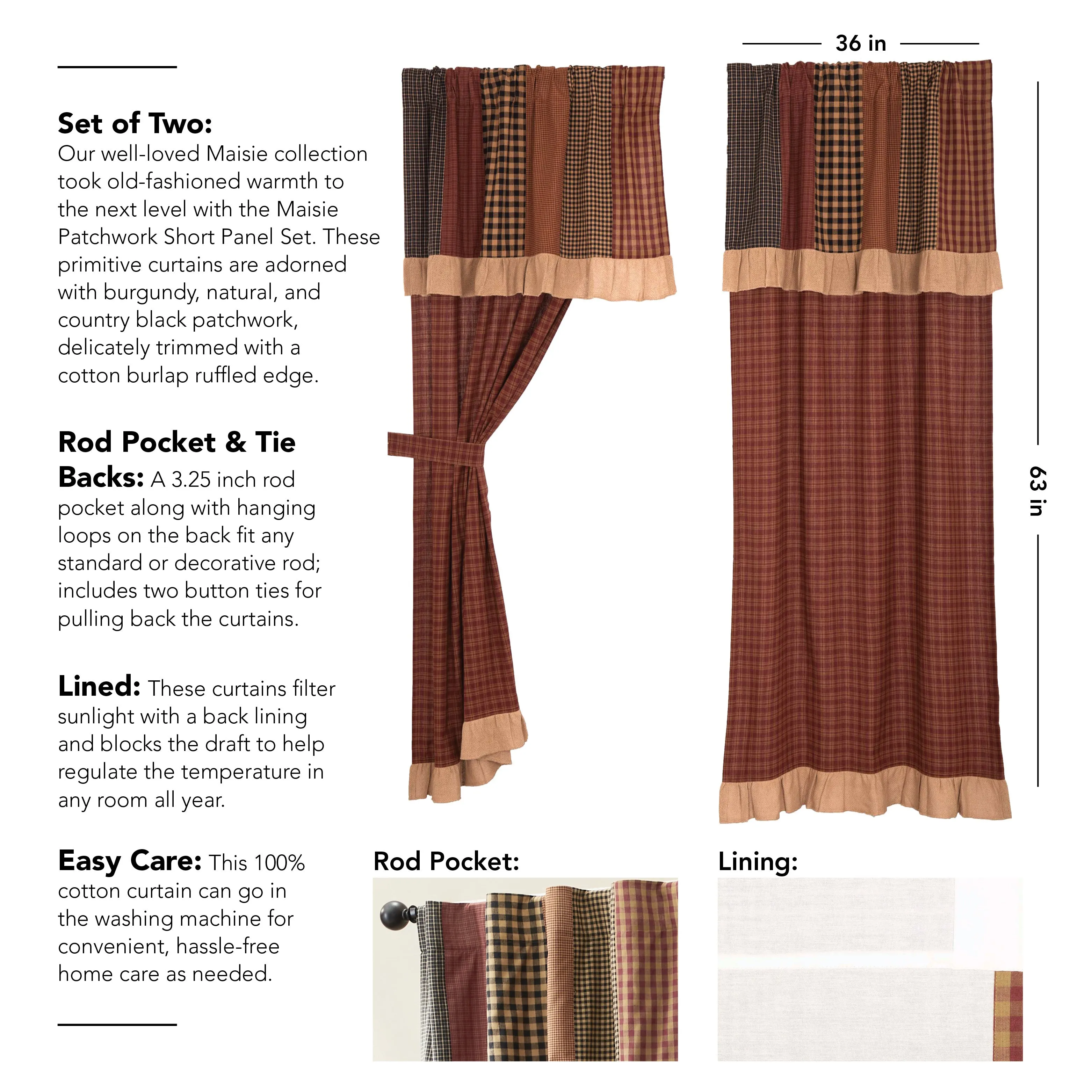 Maisie Short Panel with Attached Patch Valance Set of 2 63x36