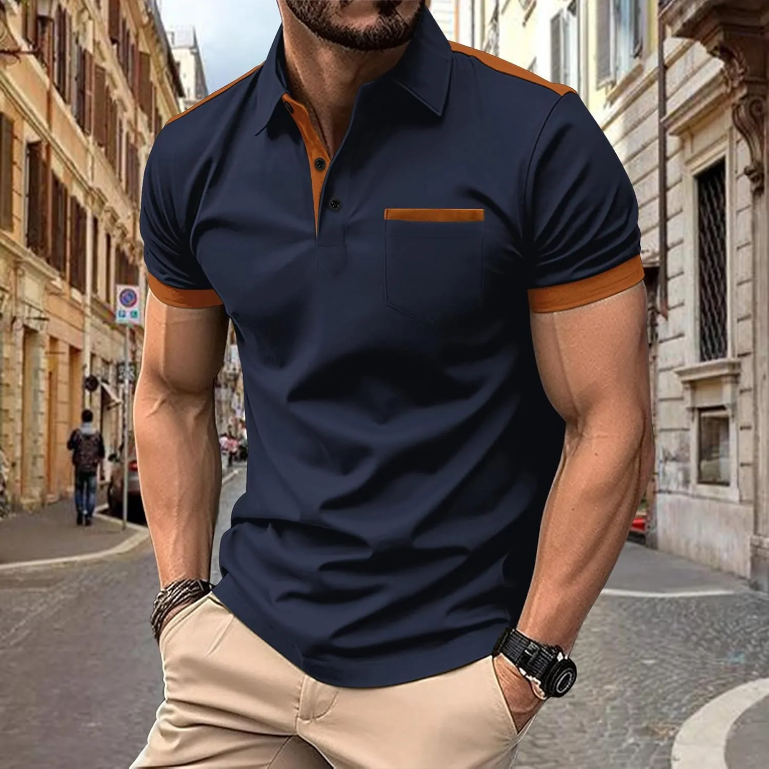 Mens Casual Polo Shirts Short Sleeve Button Golf Slim Fit Shirt with Pocket & Collar Spring Summer Stylish Tops