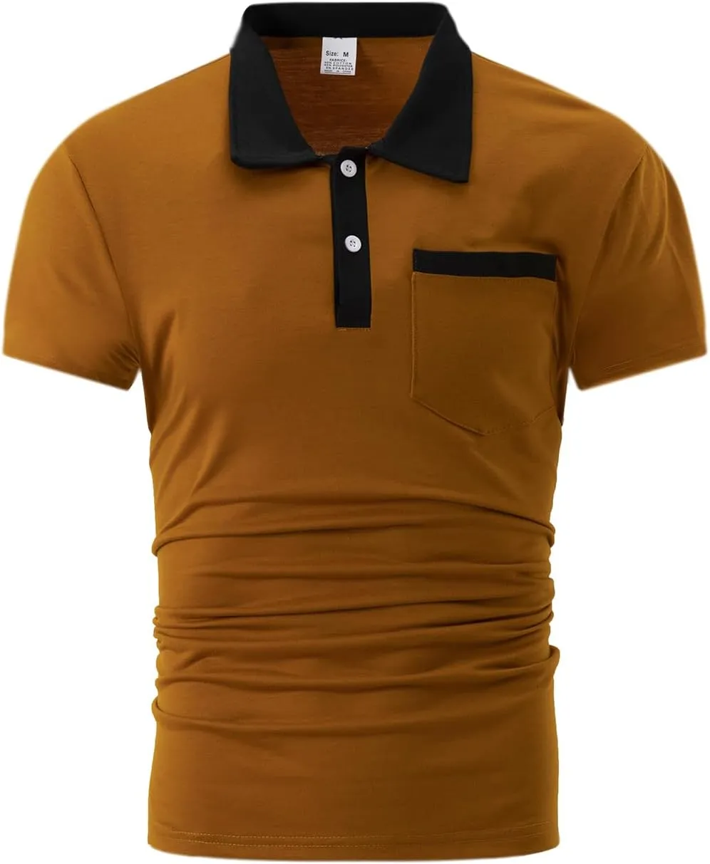 Mens Casual Polo Shirts Short Sleeve Button Golf Slim Fit Shirt with Pocket & Collar Spring Summer Stylish Tops