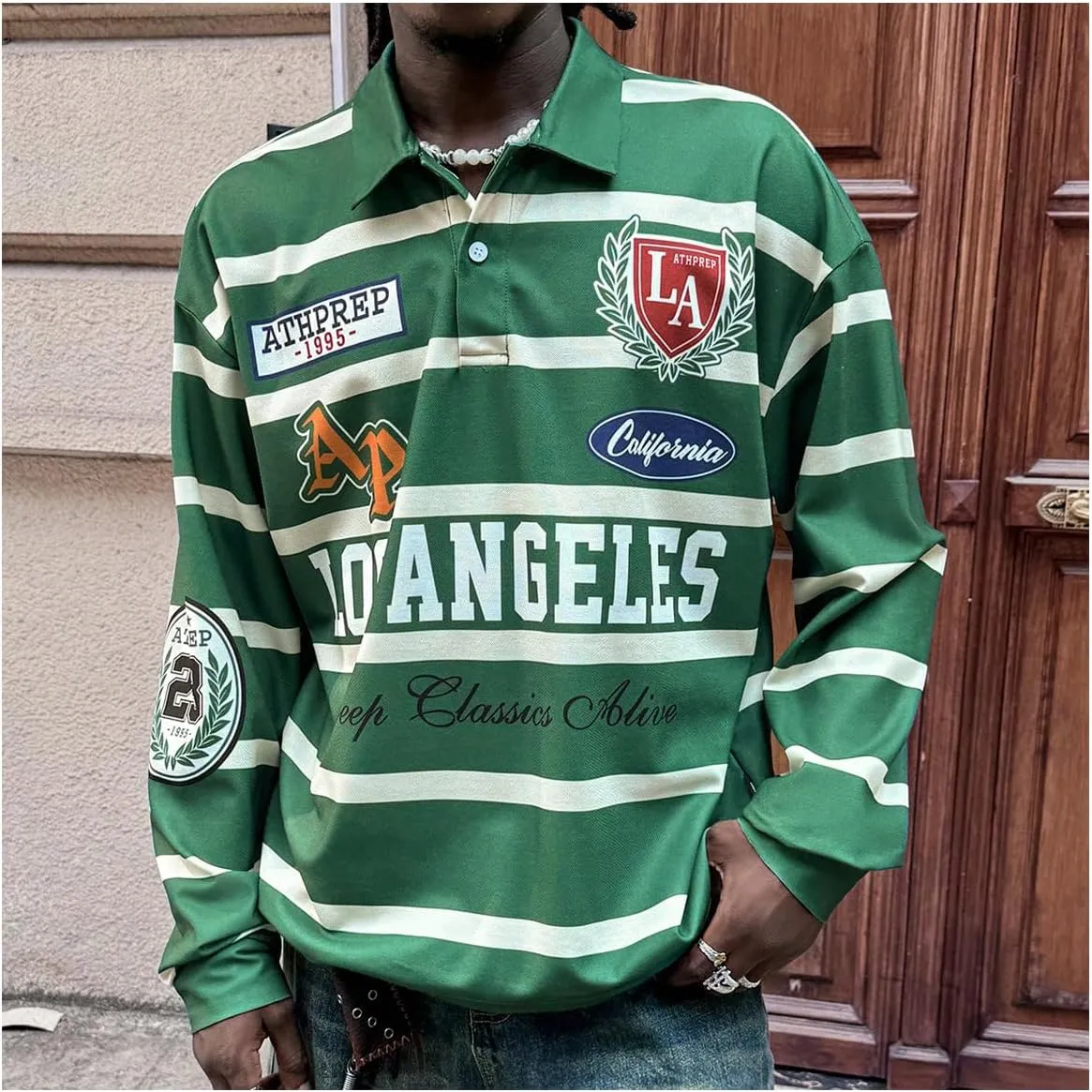 Men's Jersey Shirt Striped Collared Shirts Long Sleeve Drop Shoulder Loose Golf Shirt Tops