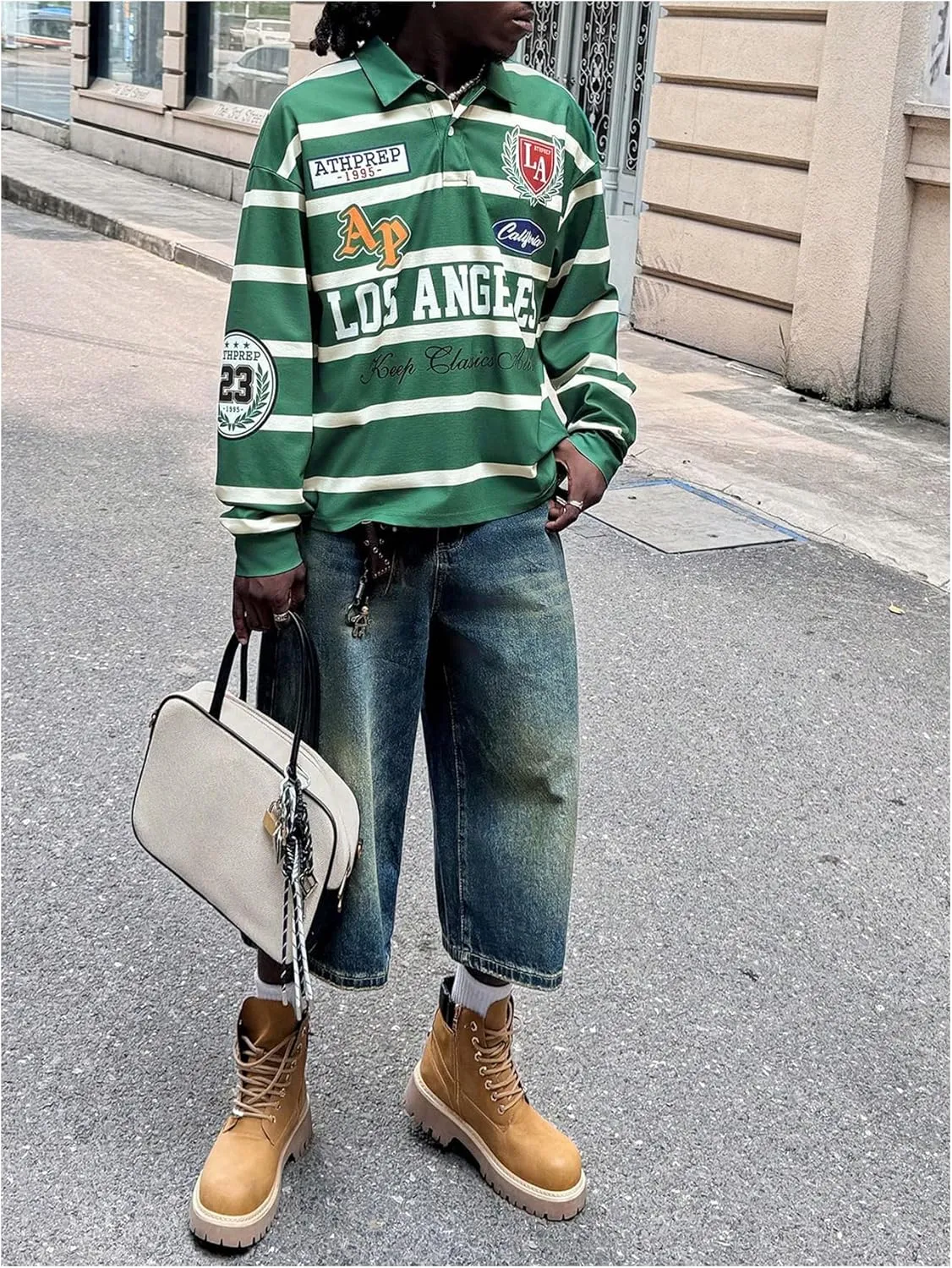 Men's Jersey Shirt Striped Collared Shirts Long Sleeve Drop Shoulder Loose Golf Shirt Tops