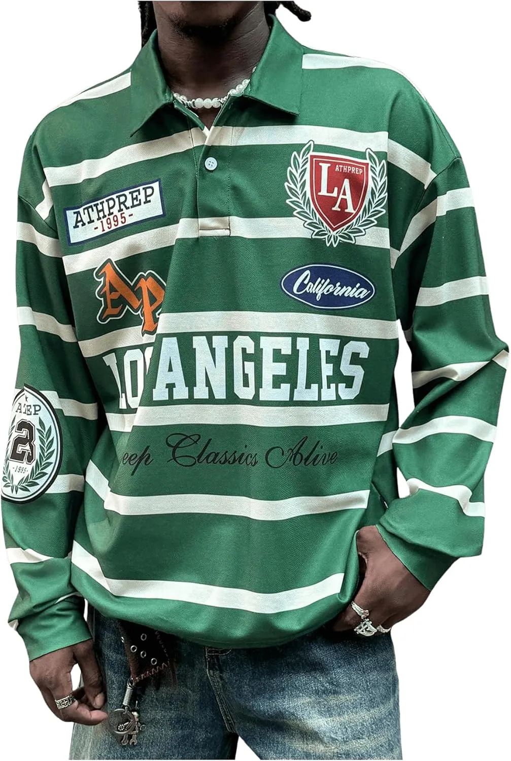 Men's Jersey Shirt Striped Collared Shirts Long Sleeve Drop Shoulder Loose Golf Shirt Tops