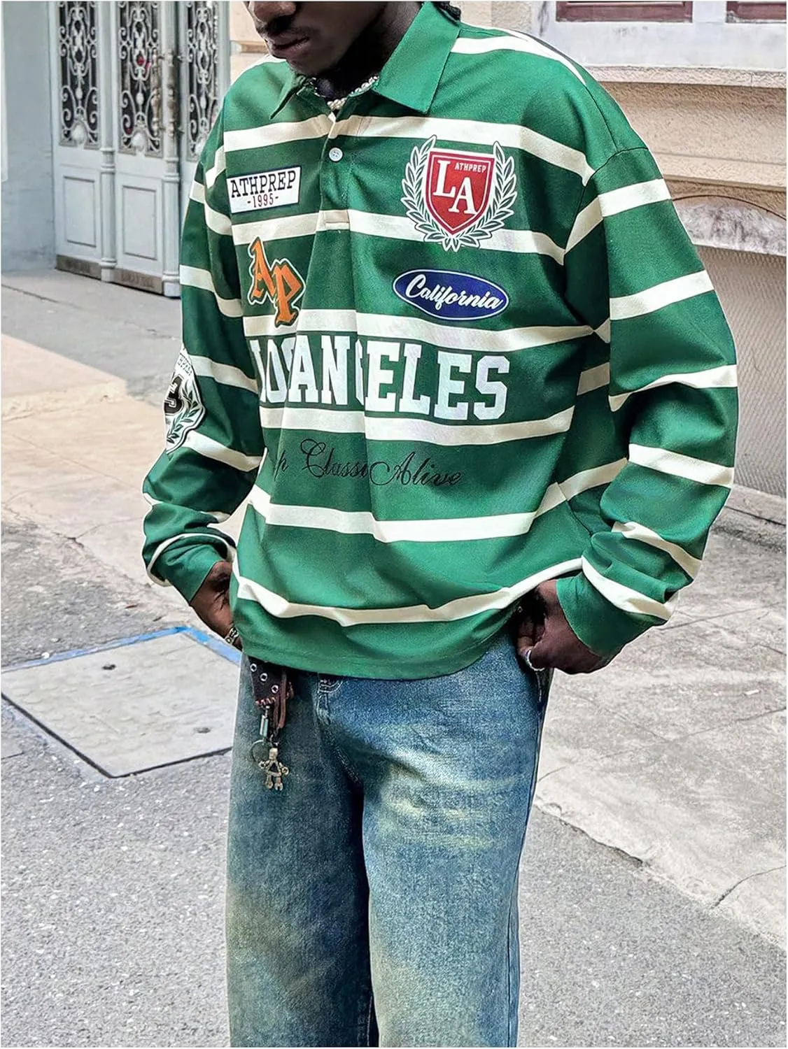 Men's Jersey Shirt Striped Collared Shirts Long Sleeve Drop Shoulder Loose Golf Shirt Tops