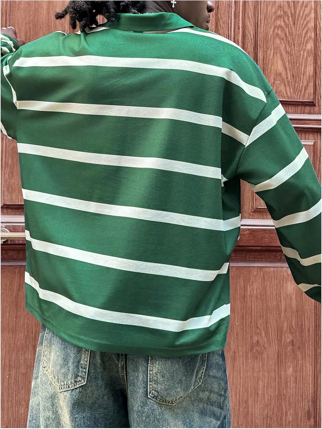 Men's Jersey Shirt Striped Collared Shirts Long Sleeve Drop Shoulder Loose Golf Shirt Tops