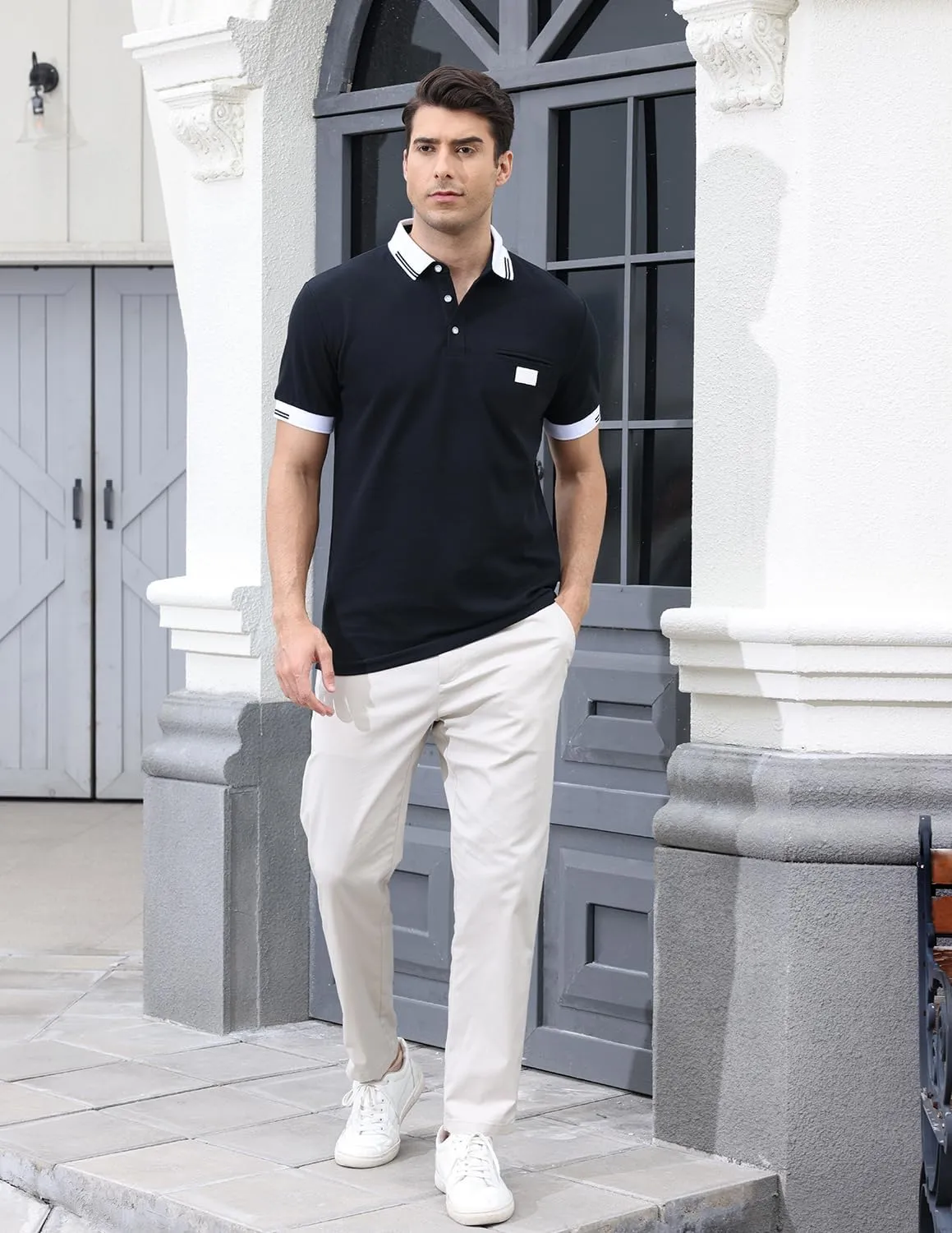 Mens Polo Shirts Short Sleeve Regular Fit Classic Plaid Collar Golf Shirts Men