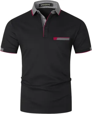 Mens Polo Shirts Short Sleeve Regular Fit Classic Plaid Collar Golf Shirts Men