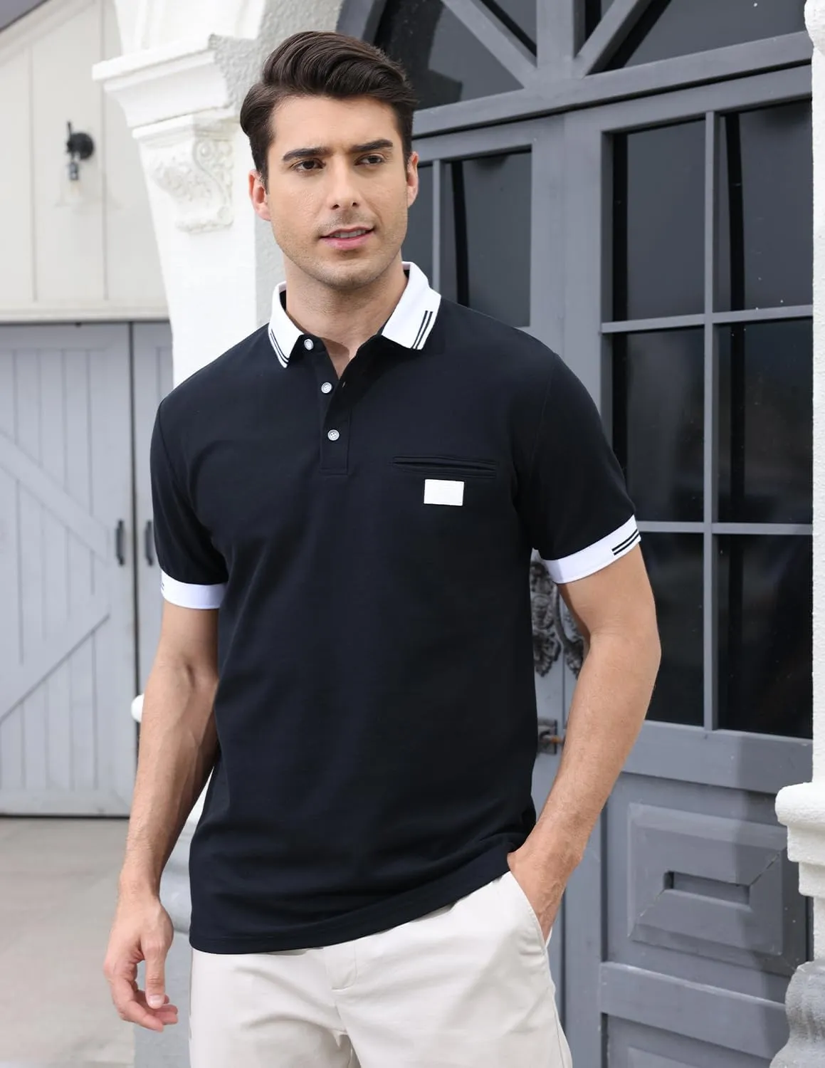 Mens Polo Shirts Short Sleeve Regular Fit Classic Plaid Collar Golf Shirts Men