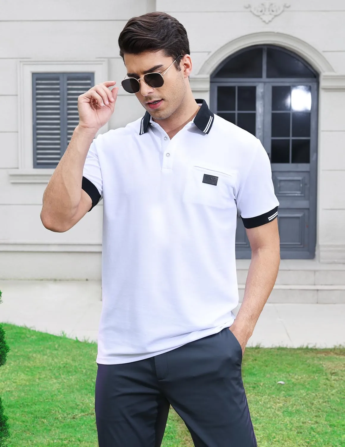 Mens Polo Shirts Short Sleeve Regular Fit Classic Plaid Collar Golf Shirts Men