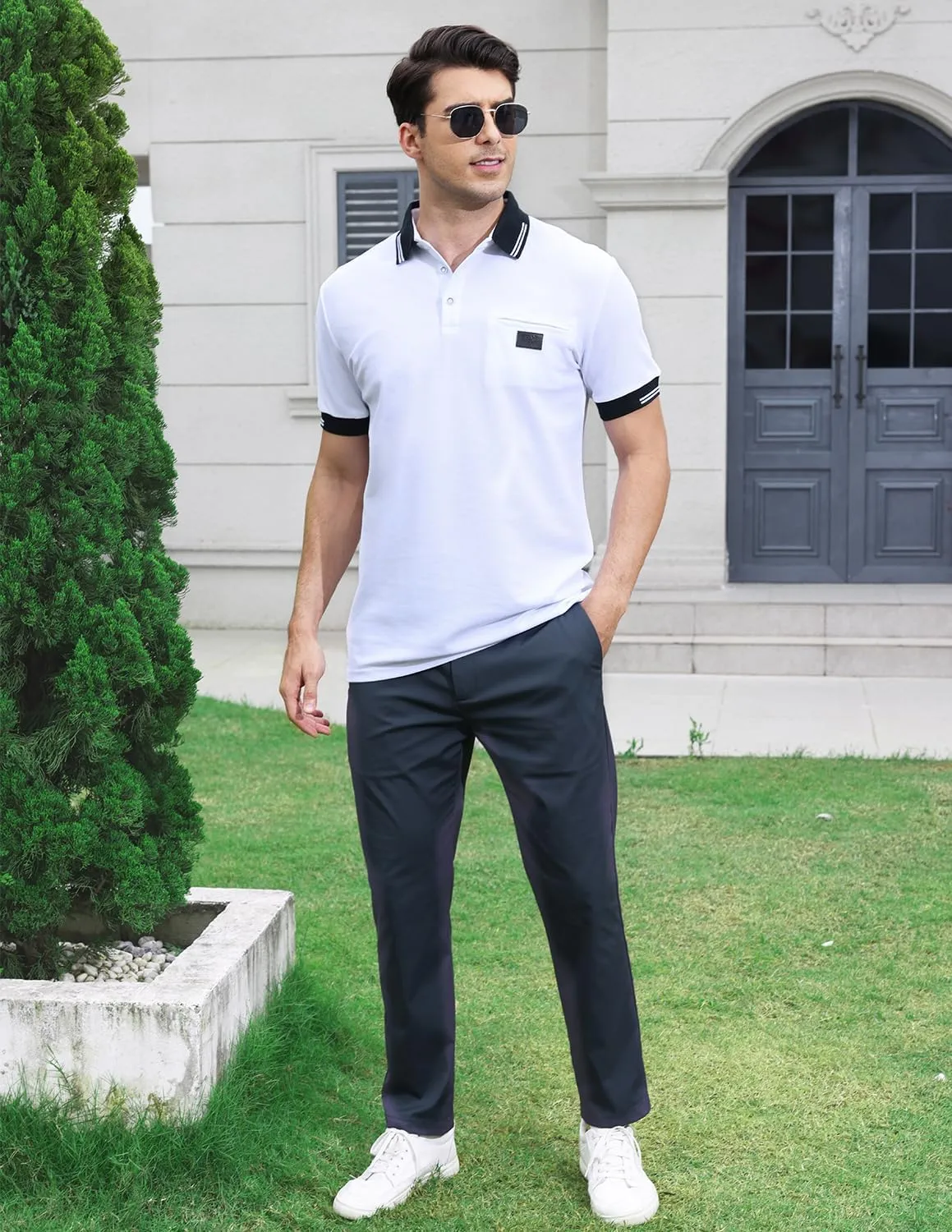 Mens Polo Shirts Short Sleeve Regular Fit Classic Plaid Collar Golf Shirts Men