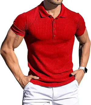 Men's Textured Casual Polo Athetic T-Shirts Front Placket Knit Summer Tops Short Sleeve Solid Outdoor Tees