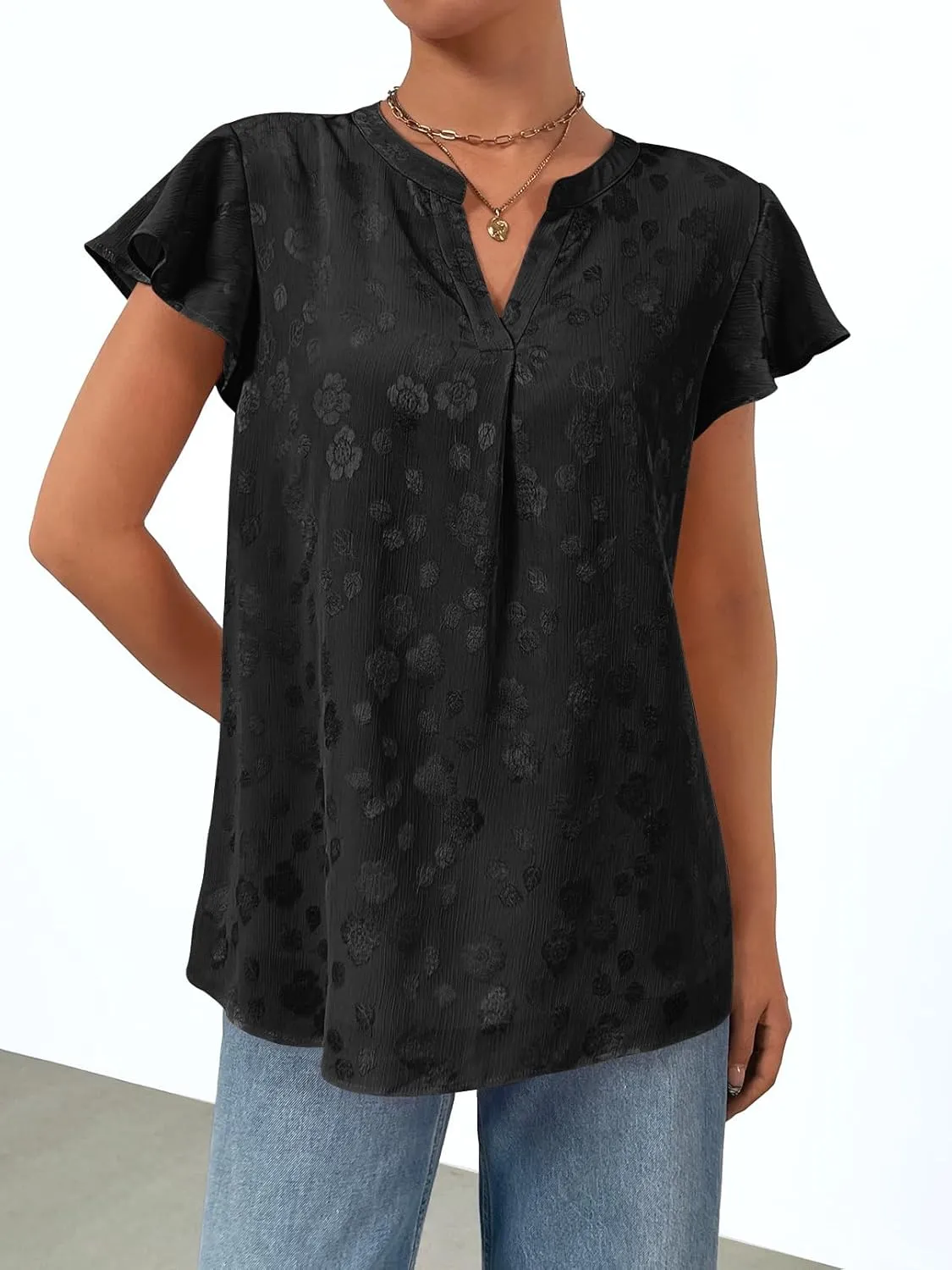 MEROKEETY Women's Ruffle Sleeve V Neck Floral Blouse Summer Dressy Casual Work Loose Fit Tunic Tops