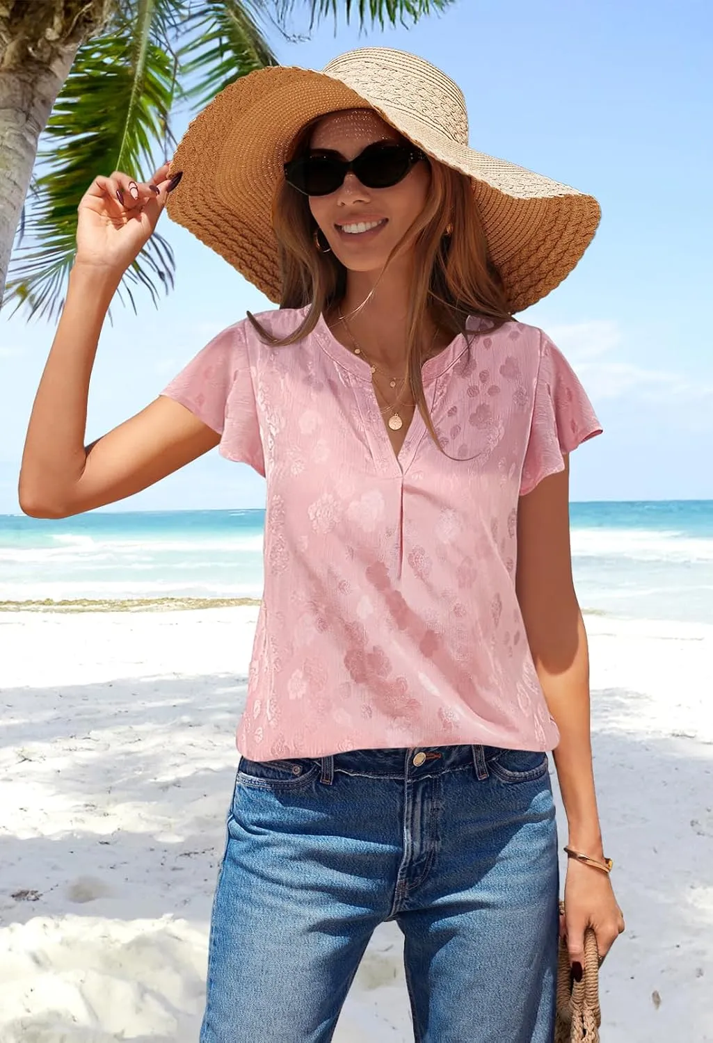 MEROKEETY Women's Ruffle Sleeve V Neck Floral Blouse Summer Dressy Casual Work Loose Fit Tunic Tops