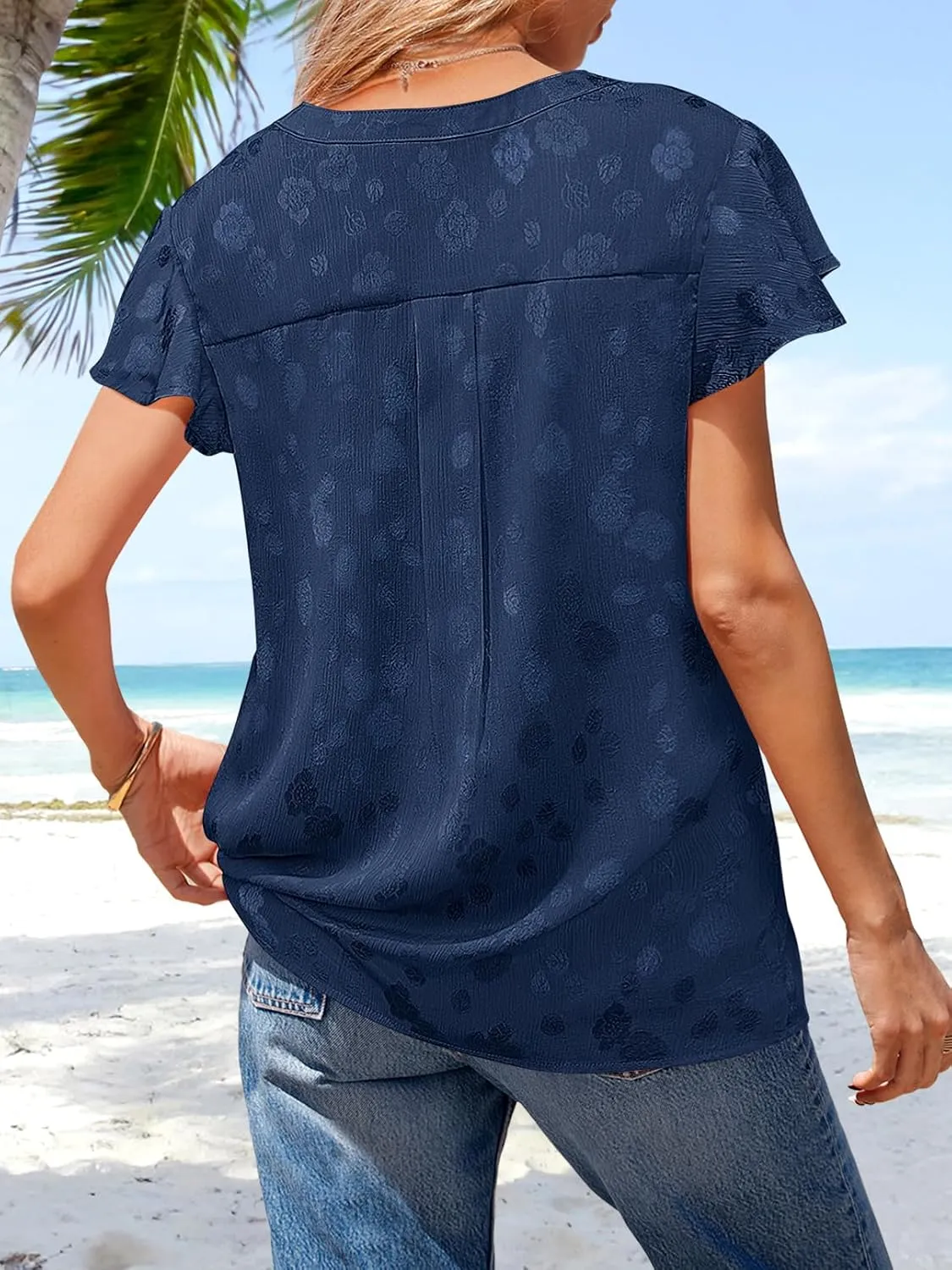MEROKEETY Women's Ruffle Sleeve V Neck Floral Blouse Summer Dressy Casual Work Loose Fit Tunic Tops
