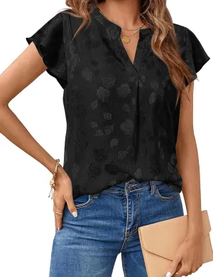 MEROKEETY Women's Ruffle Sleeve V Neck Floral Blouse Summer Dressy Casual Work Loose Fit Tunic Tops