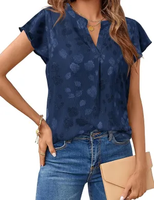 MEROKEETY Women's Ruffle Sleeve V Neck Floral Blouse Summer Dressy Casual Work Loose Fit Tunic Tops