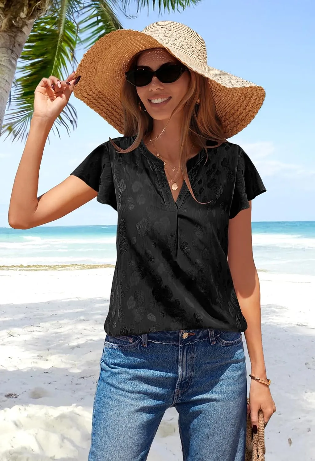 MEROKEETY Women's Ruffle Sleeve V Neck Floral Blouse Summer Dressy Casual Work Loose Fit Tunic Tops