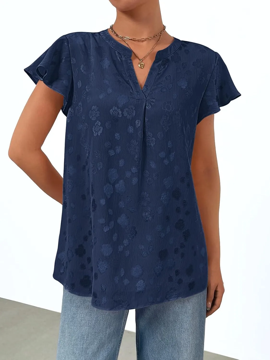 MEROKEETY Women's Ruffle Sleeve V Neck Floral Blouse Summer Dressy Casual Work Loose Fit Tunic Tops