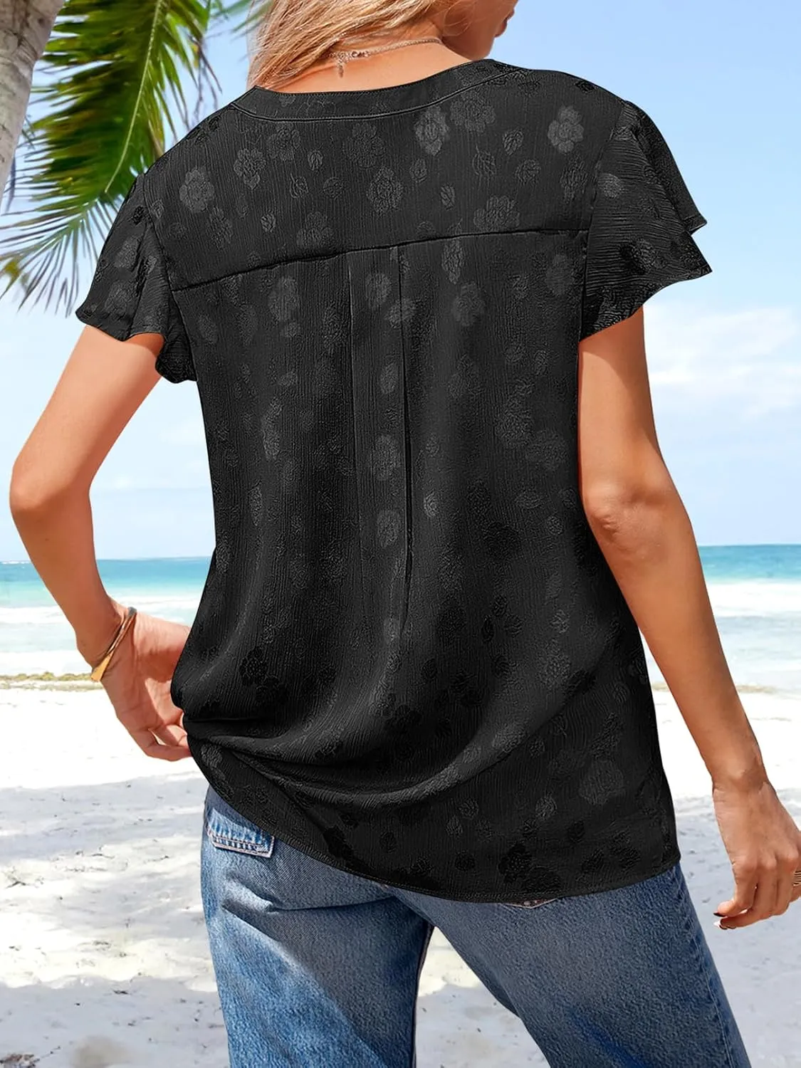 MEROKEETY Women's Ruffle Sleeve V Neck Floral Blouse Summer Dressy Casual Work Loose Fit Tunic Tops