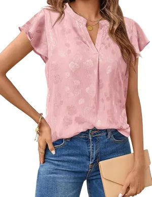 MEROKEETY Women's Ruffle Sleeve V Neck Floral Blouse Summer Dressy Casual Work Loose Fit Tunic Tops