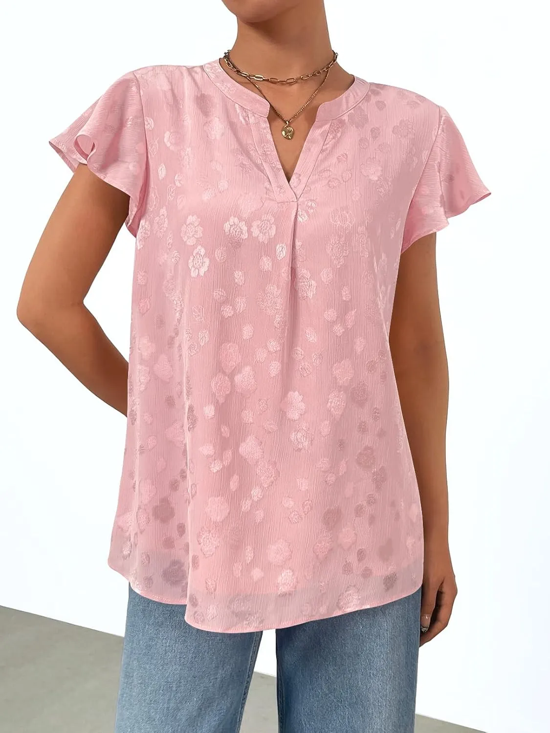 MEROKEETY Women's Ruffle Sleeve V Neck Floral Blouse Summer Dressy Casual Work Loose Fit Tunic Tops