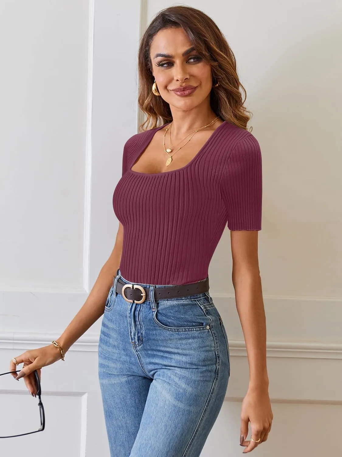MEROKEETY Women's Summer Casual Short Sleeve T Shirts 2025 Basic Square Neck Ribbed Knit Fitted Tee Tops