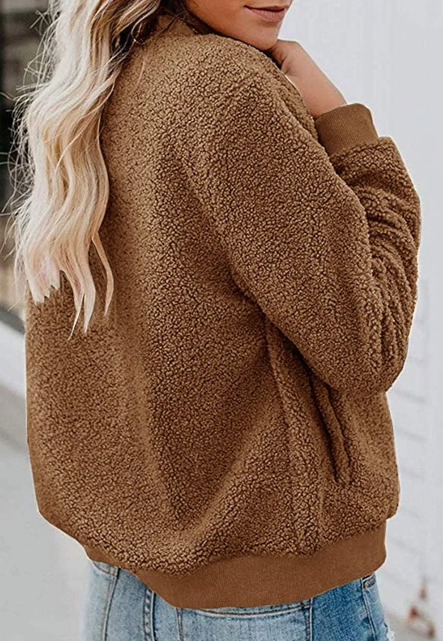 MIROL Women's Sherpa Fleece Jacket Faux Fuzzy Long Sleeve Casual Zip Up Bomber Coat
